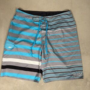 Quiksilver Mens Board Shorts Blue Grey Striped Swim Trunks Size 36 Q101868